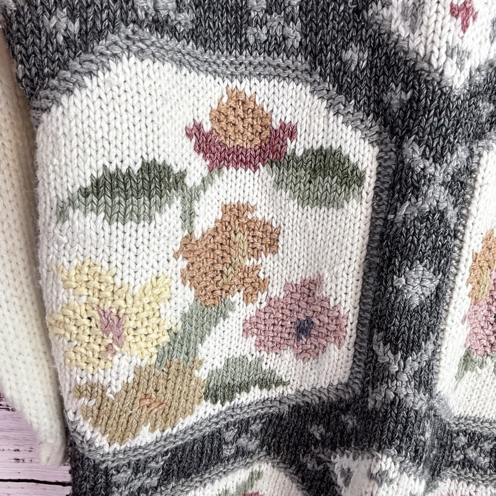 Vintage 80s Sweater L Floral Geometric Granny Kitsch Tunic Cream Gray Pink - Picture 8 of 12